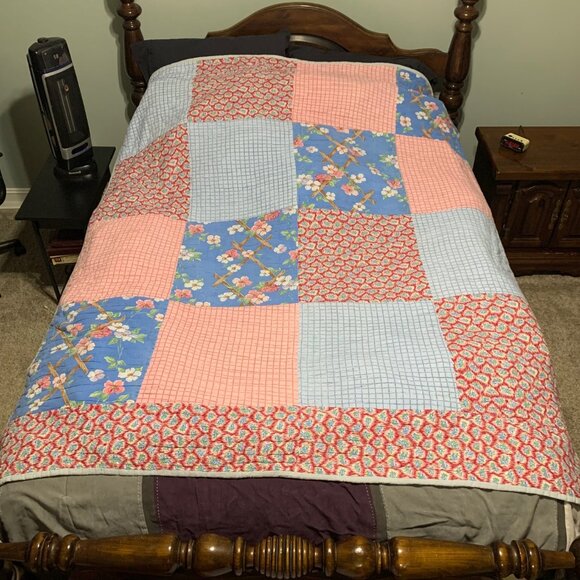 Vintage 74 X 66 in Pink & Blue Large Square Pattern Handmade Hand Stitched Quilt